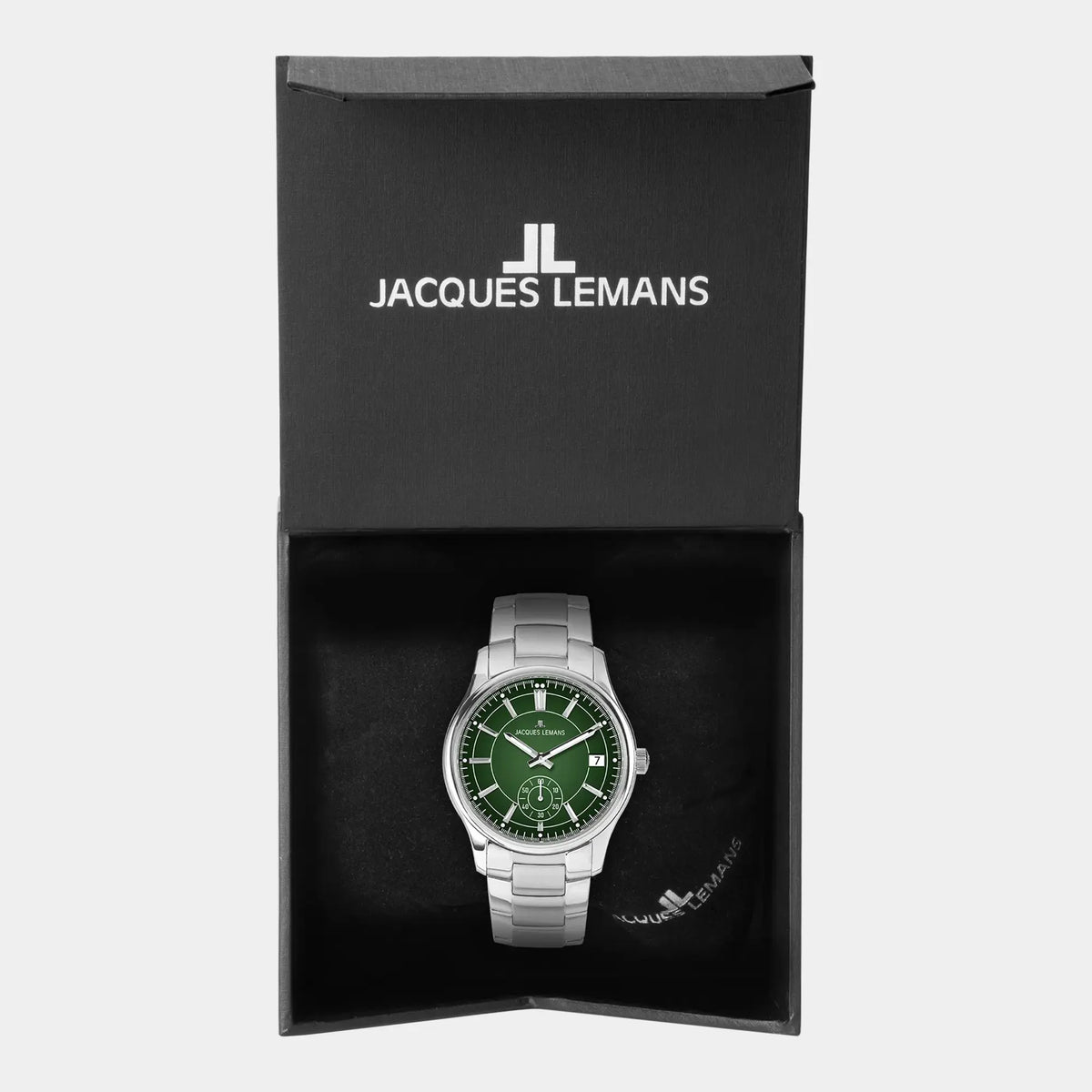 Jacques Lemans Derby 1-2197H Armbanduhr in Edelstahl mit grünem Zifferblatt liegt in der zugehörigen Uhrenbox