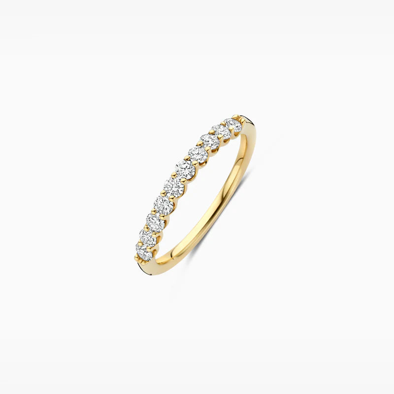 Damenring aus 14 karätigem Gelbgold im Memoire-Design mit 10 feinen Labor-Diamanten, die aneinander gereiht auf der Ringschiene sitzen