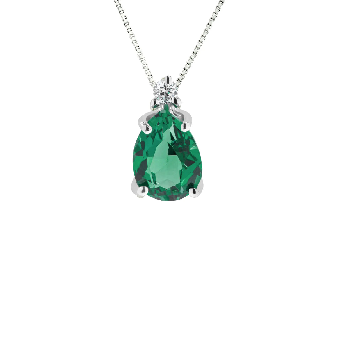 Weißgold-Collier CSG750 von Lunatica Roma mit einer feinen Kette und einem Smaragd im Tropfenschliff als Anhänger, der mit einem zusätzlich eingefassten kleinen Brillanten veredelt wurde