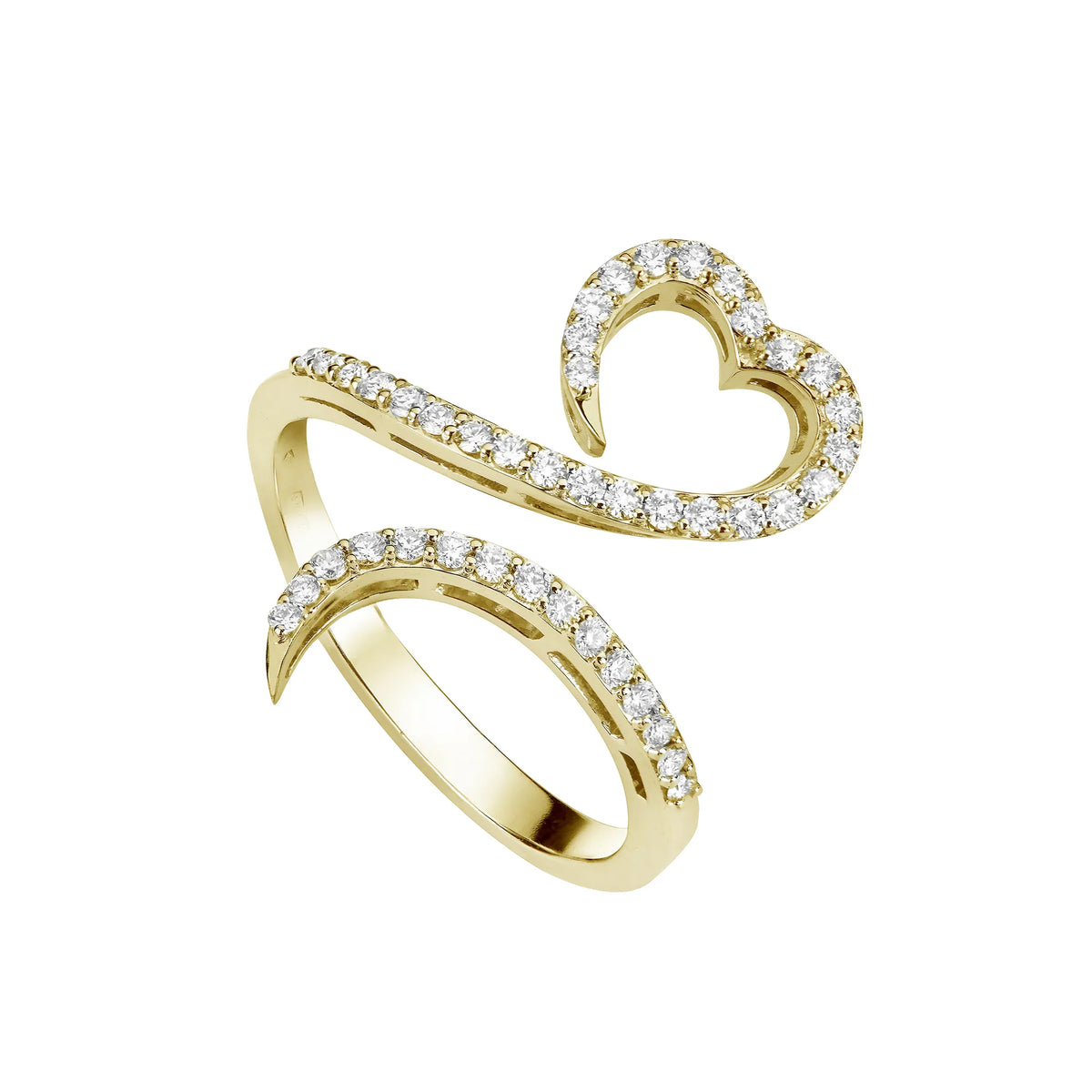 Produktfotografie des in Gelbgold gefertigten Damenrings mit geschwungener Ringschiene und Herzform und Diamantbesatz
