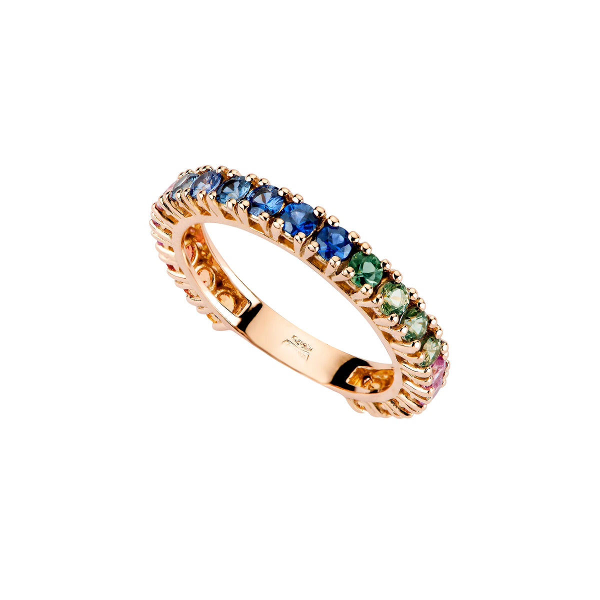 Produktfotografie des in Rosegold gefertigten, bunten Memoire Ring mit Saphiren in verschiedenen Farben für den Rainbow Look