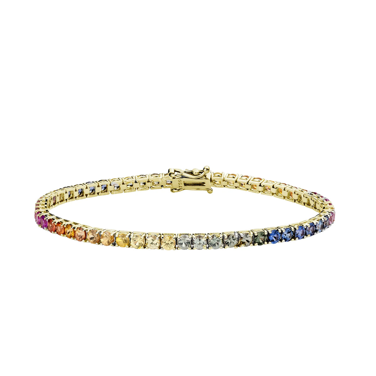 Produktfotografie des in Gelbgold gefertigten, bunten Tennis-Bracelet von Lunatica Roma mit Saphiren in verschiedenen Farben für den Rainbow Look, sodass die Edelsteine einen Farbverlauf erzeugen