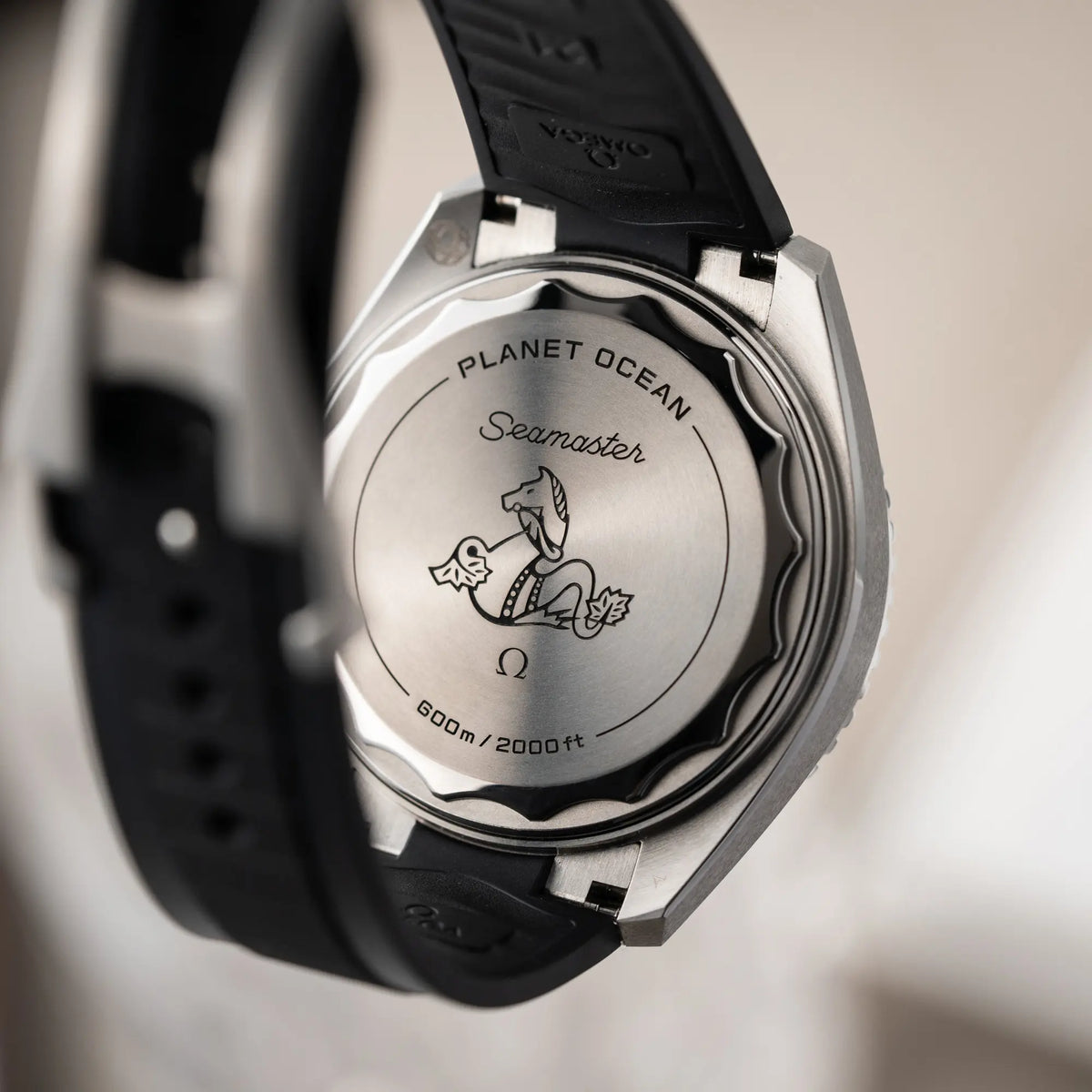 Gehäuseboden der Omega Seamaster Planet Ocean der Referenz 217.32.42.21.01.001 (4. Generation) mit schwarzem Zifferblatt und Lünette am schwarzen Kautschuk-Armband