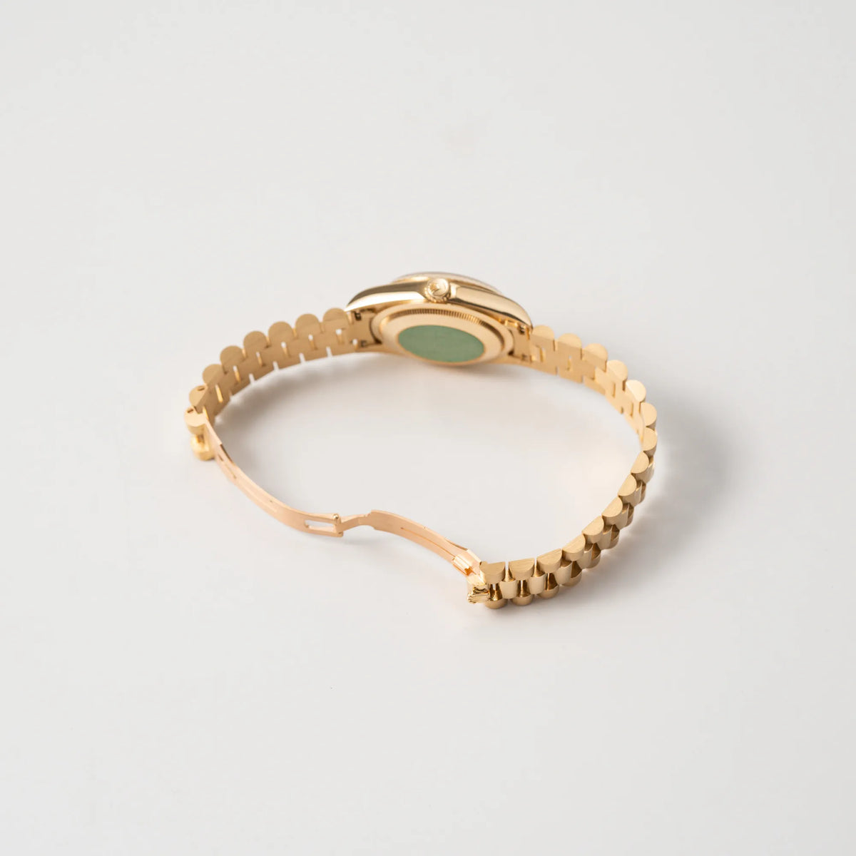Geöffnete Faltschliesse am President Armband der Rolex Day-Date 36 aus 1991 der Referenz 18238 mit goldfarbenem Zifferblatt und Diamant Indizes in einem hervorragenden Gesamtzustand