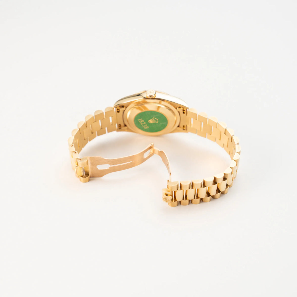 Geöffnete Faltschliesse der Rolex Day-Date 36 in Gelbgold (18238) mit Diamantzifferblatt der in einem neuwertigen Zustand