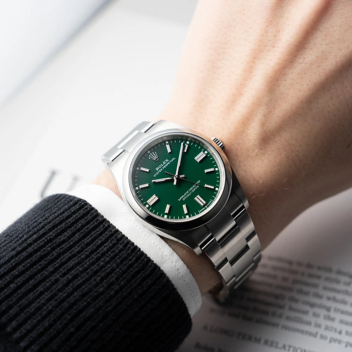 Wristshot mit der Rolex Oyster Perpetual in 36mm mit dem grünen Zifferblatt