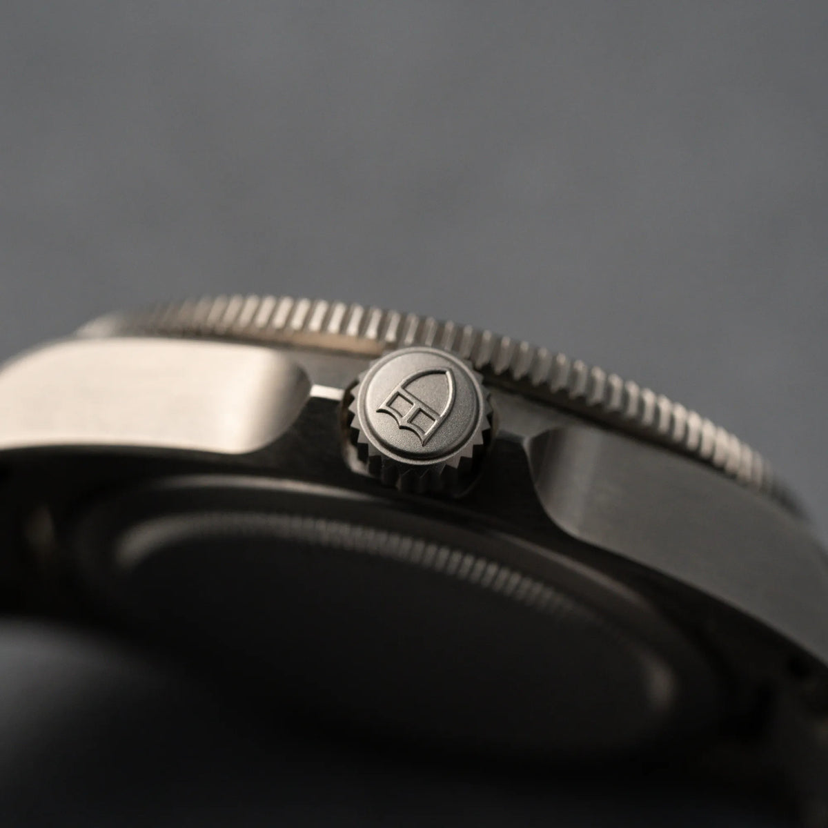 Detailaufnahme des seitlichen Gehäuses und der Aufzugskrone der Tudor Pelagos 254407N mit 39mm Durchmesser aus Titan