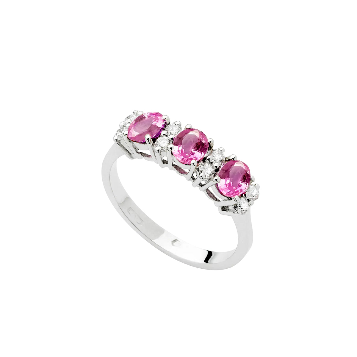 Weißgoldring mit 3 ovalen pinken Saphiren und 8 kleinen Brillanten für Damen 