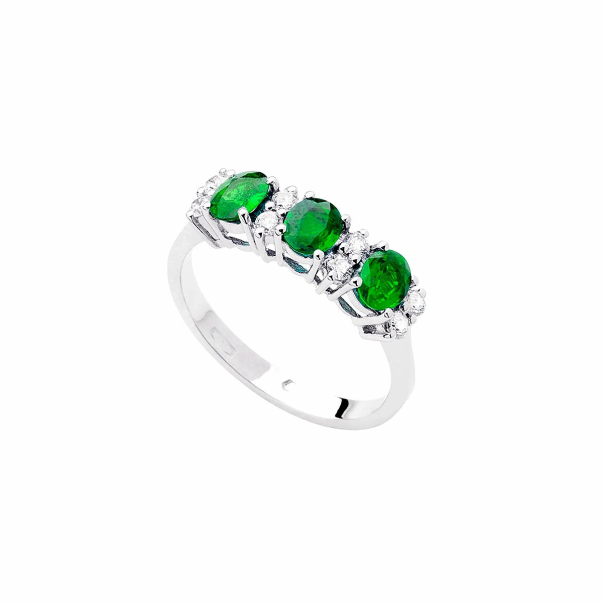 Weißgoldring mit 3 ovalen kräftigen grünen Smaragden und 8 kleinen Brillanten für Damen 