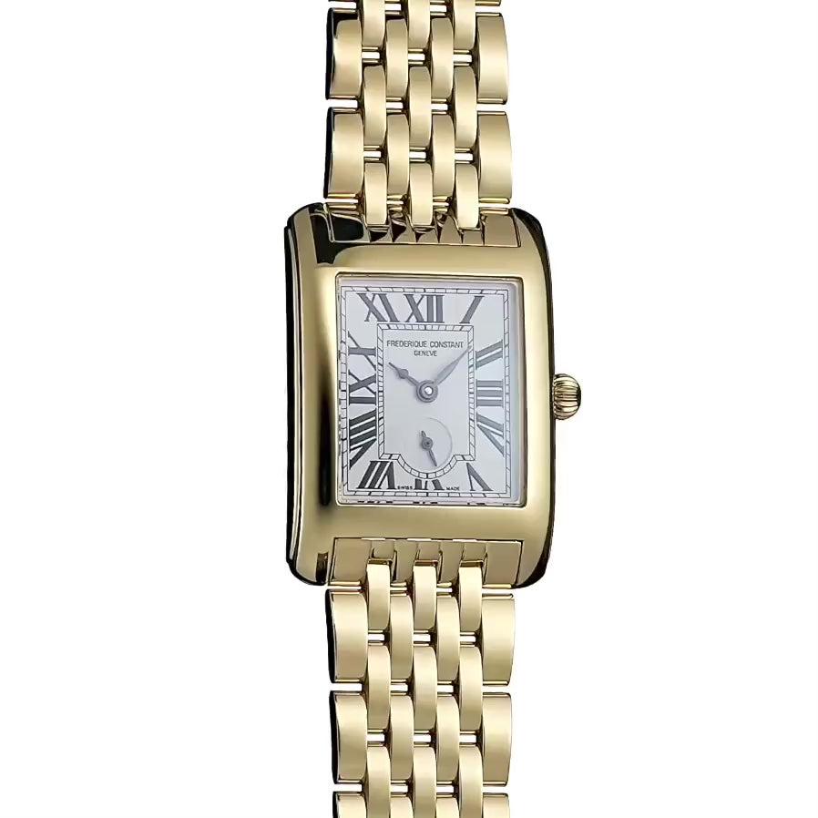 Produktvideo von der goldfarbenen Frederique Constant Classics Carree Small Seconds Armbanduhr mit rechteckigem Gehäuse im Art-Deco-Stil und römischen Indizes