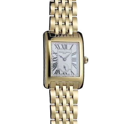 Produktvideo von der goldfarbenen Frederique Constant Classics Carree Small Seconds Armbanduhr mit rechteckigem Gehäuse im Art-Deco-Stil und römischen Indizes